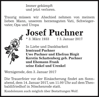 Traueranzeige von Josef Puchner  von Magdeburger Volksstimme