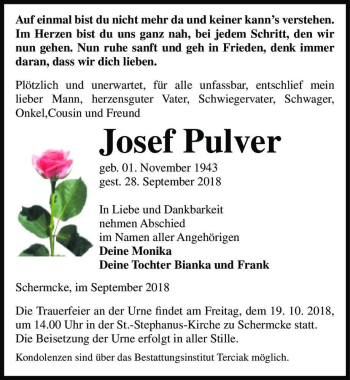 Traueranzeige von Josef Pulver  von Magdeburger Volksstimme