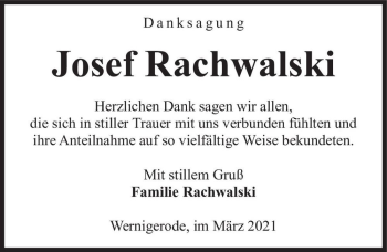 Traueranzeige von Josef Rachwalski  von Magdeburger Volksstimme