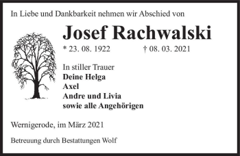 Traueranzeige von Josef Rachwalski  von Magdeburger Volksstimme