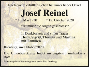 Traueranzeige von Josef Reinel  von Magdeburger Volksstimme