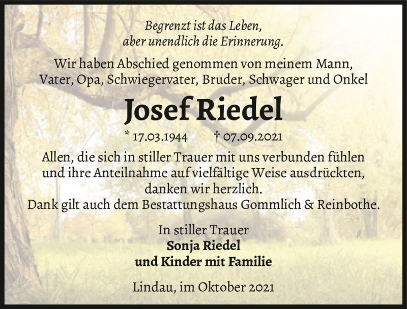  Traueranzeige für Josef Riedel  vom 09.10.2021 aus Magdeburger Volksstimme