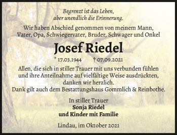 Traueranzeige von Josef Riedel  von Magdeburger Volksstimme