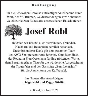 Traueranzeige von Josef Robl  von Magdeburger Volksstimme