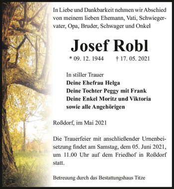 Traueranzeige von Josef Robl  von Magdeburger Volksstimme