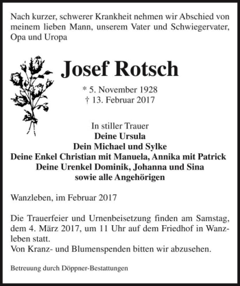 Traueranzeige von Josef Rotsch  von Magdeburger Volksstimme