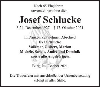 Traueranzeige von Josef Schlucke  von Magdeburger Volksstimme