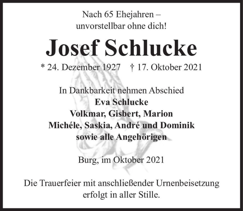  Traueranzeige für Josef Schlucke  vom 23.10.2021 aus Magdeburger Volksstimme