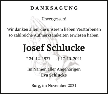 Traueranzeige von Josef Schlucke  von Magdeburger Volksstimme