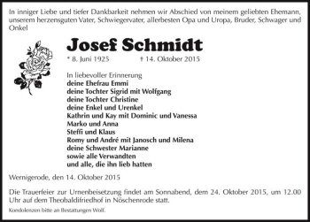 Traueranzeige von Josef Schmidt  von Magdeburger Volksstimme