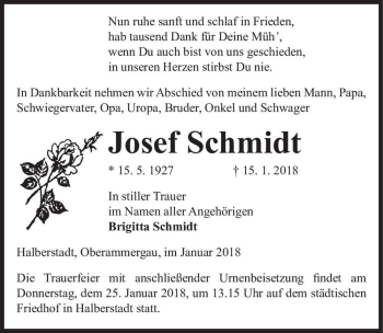 Traueranzeige von Josef Schmidt  von Magdeburger Volksstimme