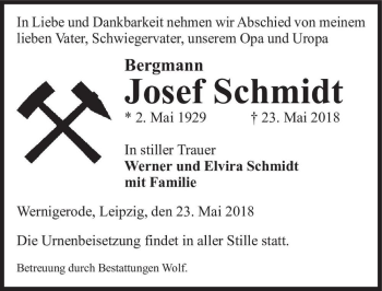 Traueranzeige von Josef Schmidt  von Magdeburger Volksstimme
