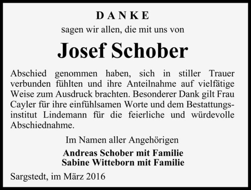  Traueranzeige für Josef Schober  vom 02.04.2016 aus Magdeburger Volksstimme