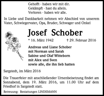 Traueranzeige von Josef Schober  von Magdeburger Volksstimme