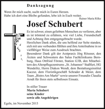 Traueranzeige von Josef Schubert  von Magdeburger Volksstimme