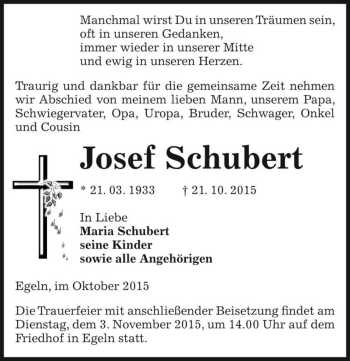 Traueranzeige von Josef Schubert  von Magdeburger Volksstimme