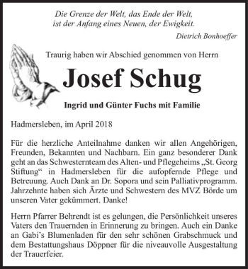 Traueranzeige von Josef Schug  von Magdeburger Volksstimme