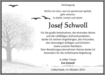 Traueranzeige von Josef Schwoll  von Magdeburger Volksstimme