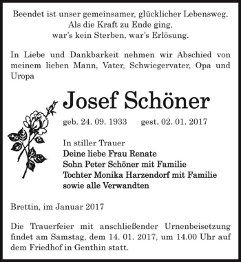 Traueranzeige von Josef Schöner  von Magdeburger Volksstimme