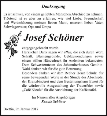 Traueranzeige von Josef Schöner  von Magdeburger Volksstimme