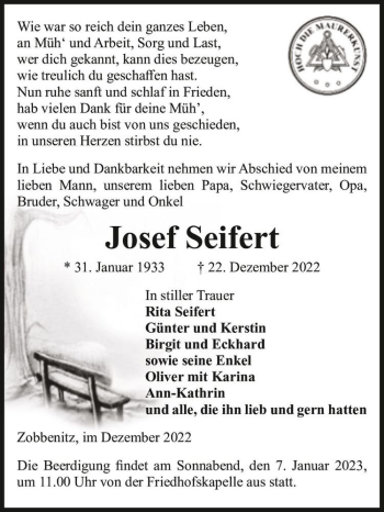 Traueranzeige von Josef Seifert  von Magdeburger Volksstimme