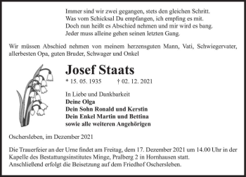 Traueranzeige von Josef Staats  von Magdeburger Volksstimme