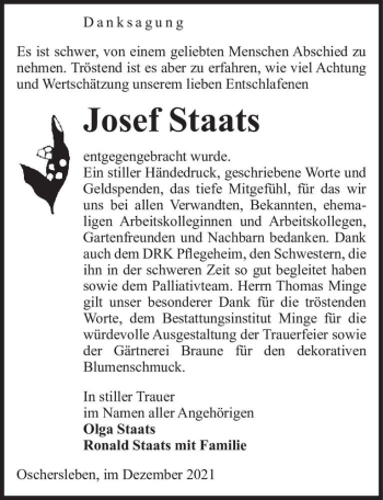 Traueranzeige von Josef Staats  von Magdeburger Volksstimme