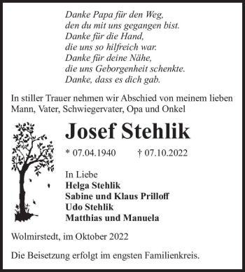 Traueranzeige von Josef Stehlik  von Magdeburger Volksstimme