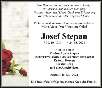 Traueranzeige von Josef Stepan  von Magdeburger Volksstimme
