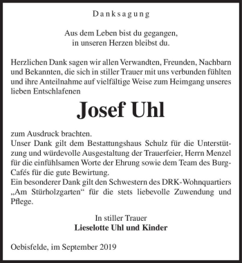 Traueranzeige von Josef Uhl  von Magdeburger Volksstimme