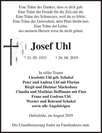 Traueranzeige von Josef Uhl  von Magdeburger Volksstimme