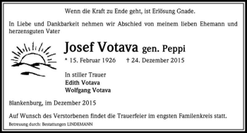 Traueranzeige von Josef Votava (gen. Peppi)  von Magdeburger Volksstimme