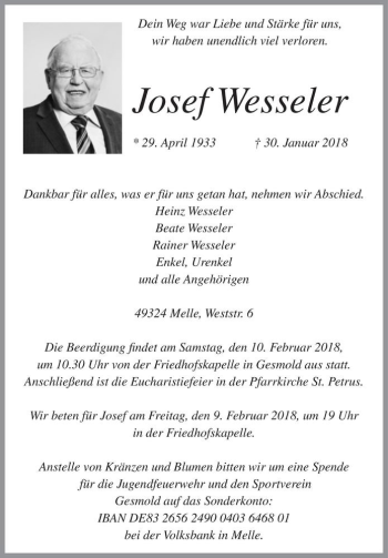 Traueranzeige von Josef Wesseler  von Magdeburger Volksstimme