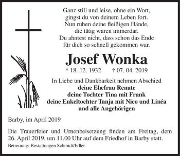 Traueranzeige von Josef Wonka  von Magdeburger Volksstimme