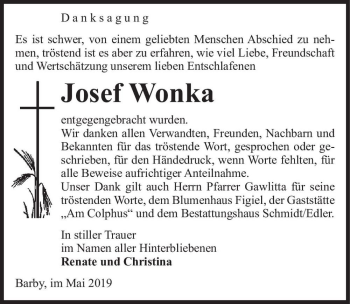 Traueranzeige von Josef Wonka  von Magdeburger Volksstimme