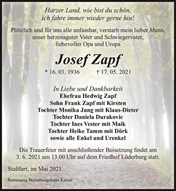 Traueranzeige von Josef Zapf  von Magdeburger Volksstimme