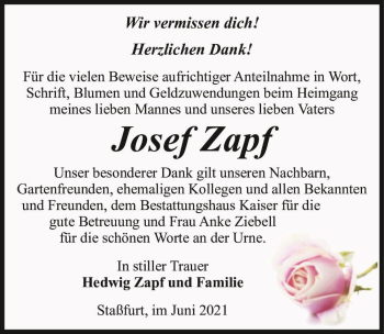 Traueranzeige von Josef Zapf  von Magdeburger Volksstimme