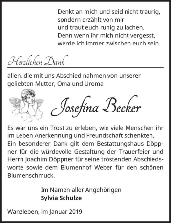 Traueranzeige von Josefina Becker  von Magdeburger Volksstimme