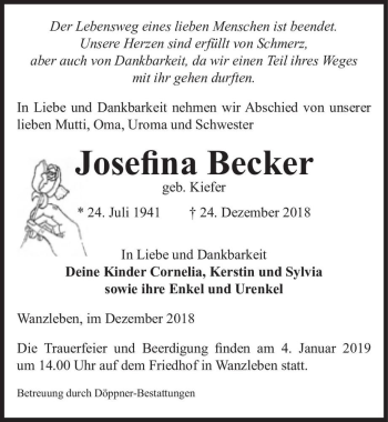Traueranzeige von Josefina Becker (geb. Kiefer)  von Magdeburger Volksstimme