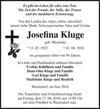 Traueranzeige von Josefina Kluge (geb. Musialski)  von Magdeburger Volksstimme