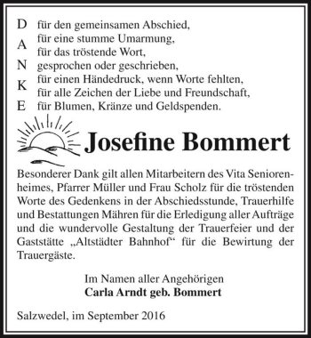 Traueranzeige von Josefine Bommert  von Magdeburger Volksstimme