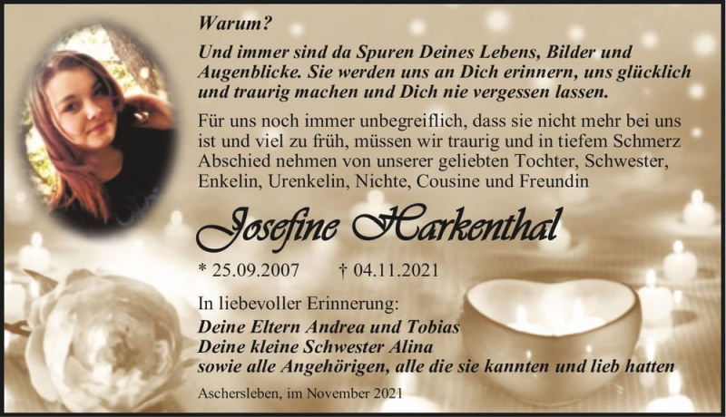  Traueranzeige für Josefine Harkenthal  vom 04.12.2021 aus Magdeburger Volksstimme