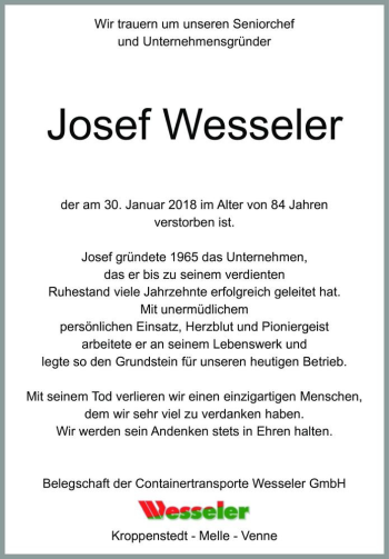 Traueranzeige von Josel Wesseler  von Magdeburger Volksstimme