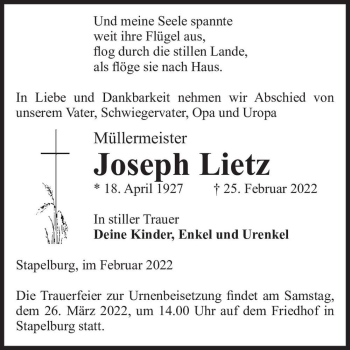 Traueranzeige von Joseph Lietz  von Magdeburger Volksstimme