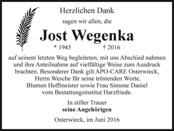 Traueranzeige von Jost Wegenka  von Magdeburger Volksstimme