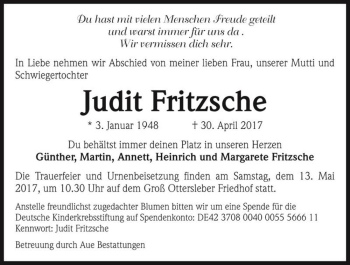Traueranzeige von Judit Fritzsche  von Magdeburger Volksstimme