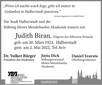 Traueranzeige von Judith Biran  von Magdeburger Volksstimme