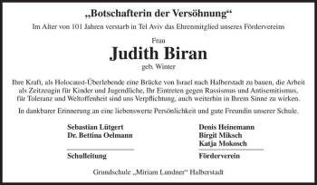 Traueranzeige von Judith Biran (geb. Winter)  von Magdeburger Volksstimme