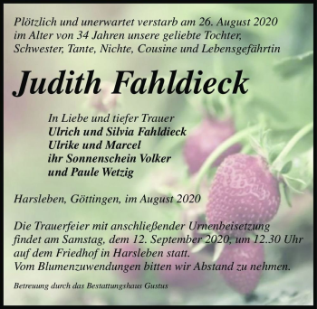 Traueranzeige von Judith Fahldieck  von Magdeburger Volksstimme