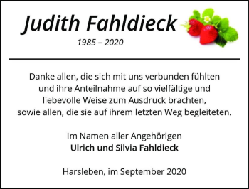 Traueranzeige von Judith Fahldieck  von Magdeburger Volksstimme